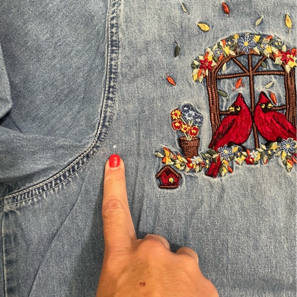 Bobbie Brooks Vintage Denim Shirt Red Birds Cardinal Fall Size XL - Picture 7 of 9